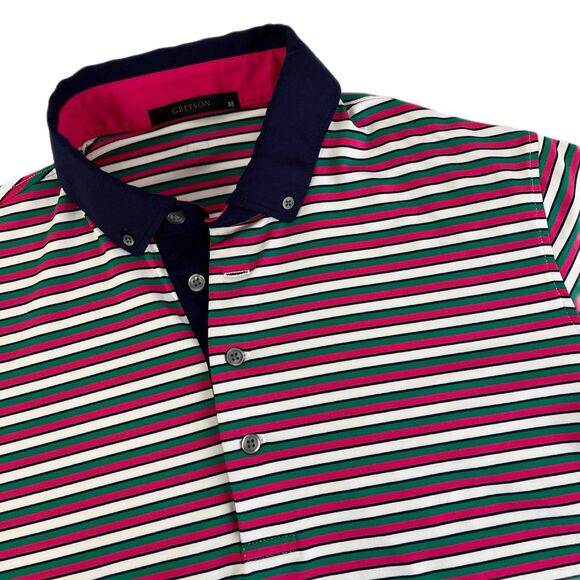 Mens Greyson Short Sleeve Golf Polo Shirt Size Medium Green Pink Striped - Picture 1 of 7